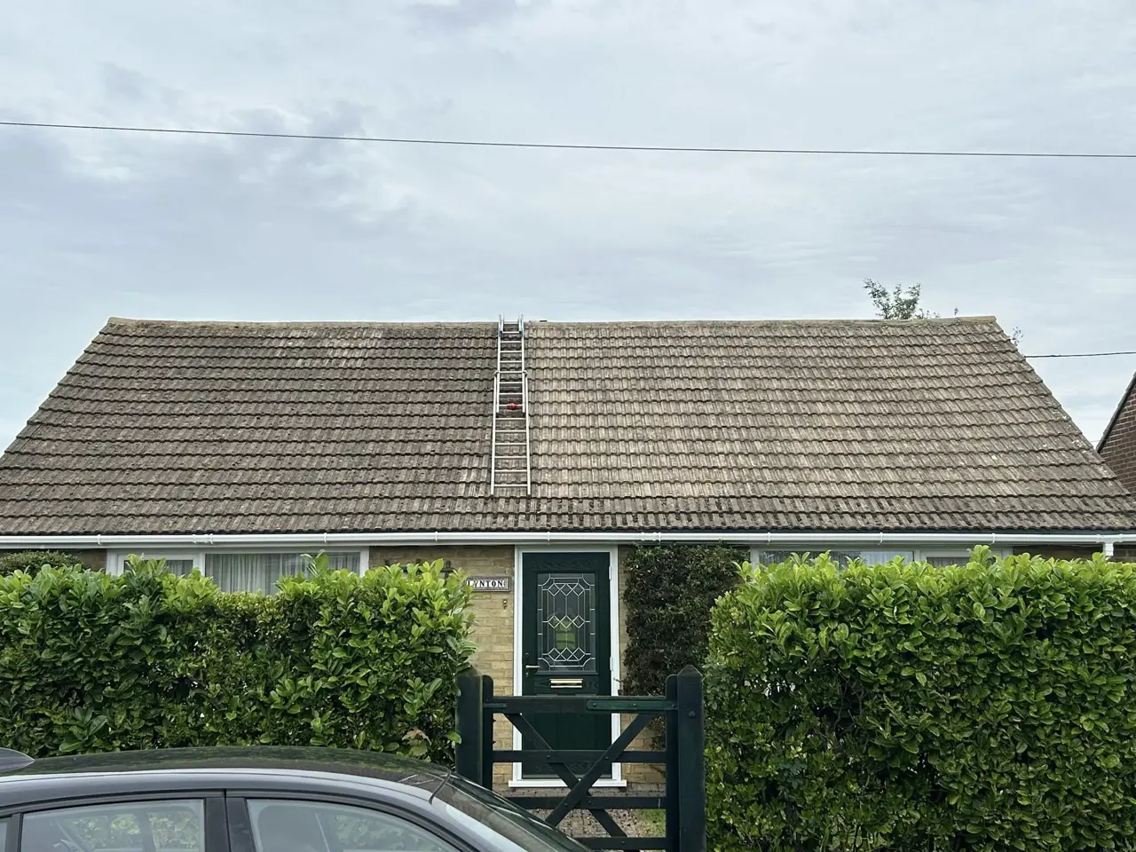 Bungalow with a freshly trimmed front hedge and gate