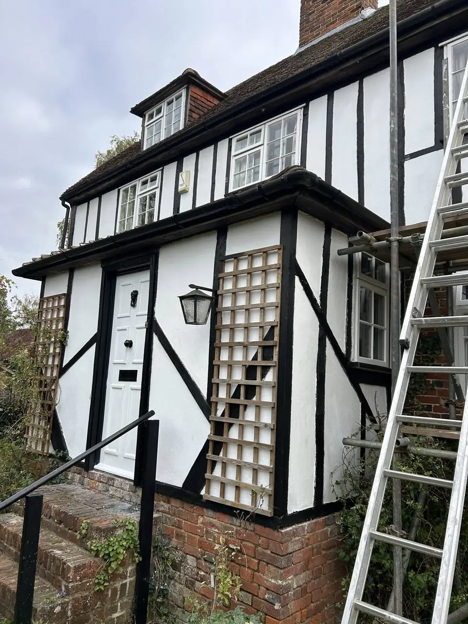 Ladder set up against a black and white mock Tudor house for work at height
